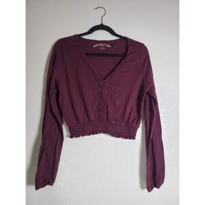 AERO Seriously Soft Burgundy Crop Top Lace Trim V Neck Smocked Waist Long Sleeve
